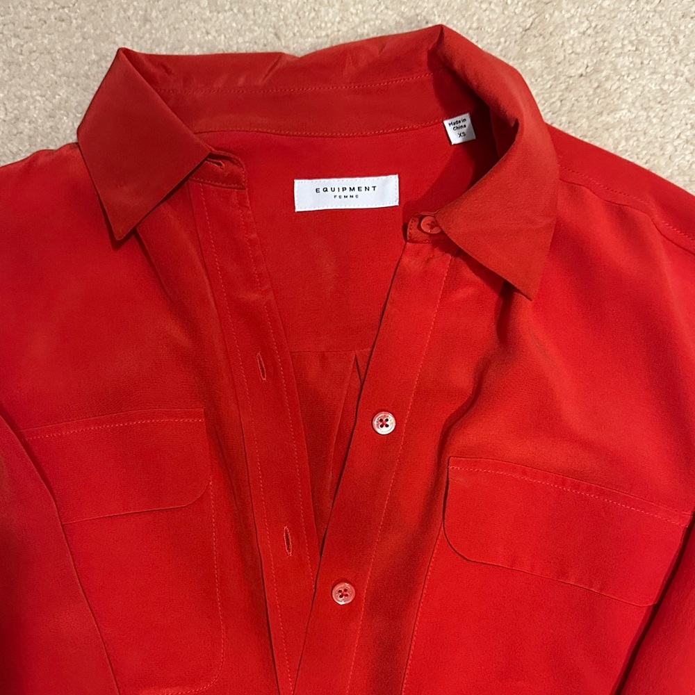 Equipment Red Silk Button-Down Shirt with Chest Pockets